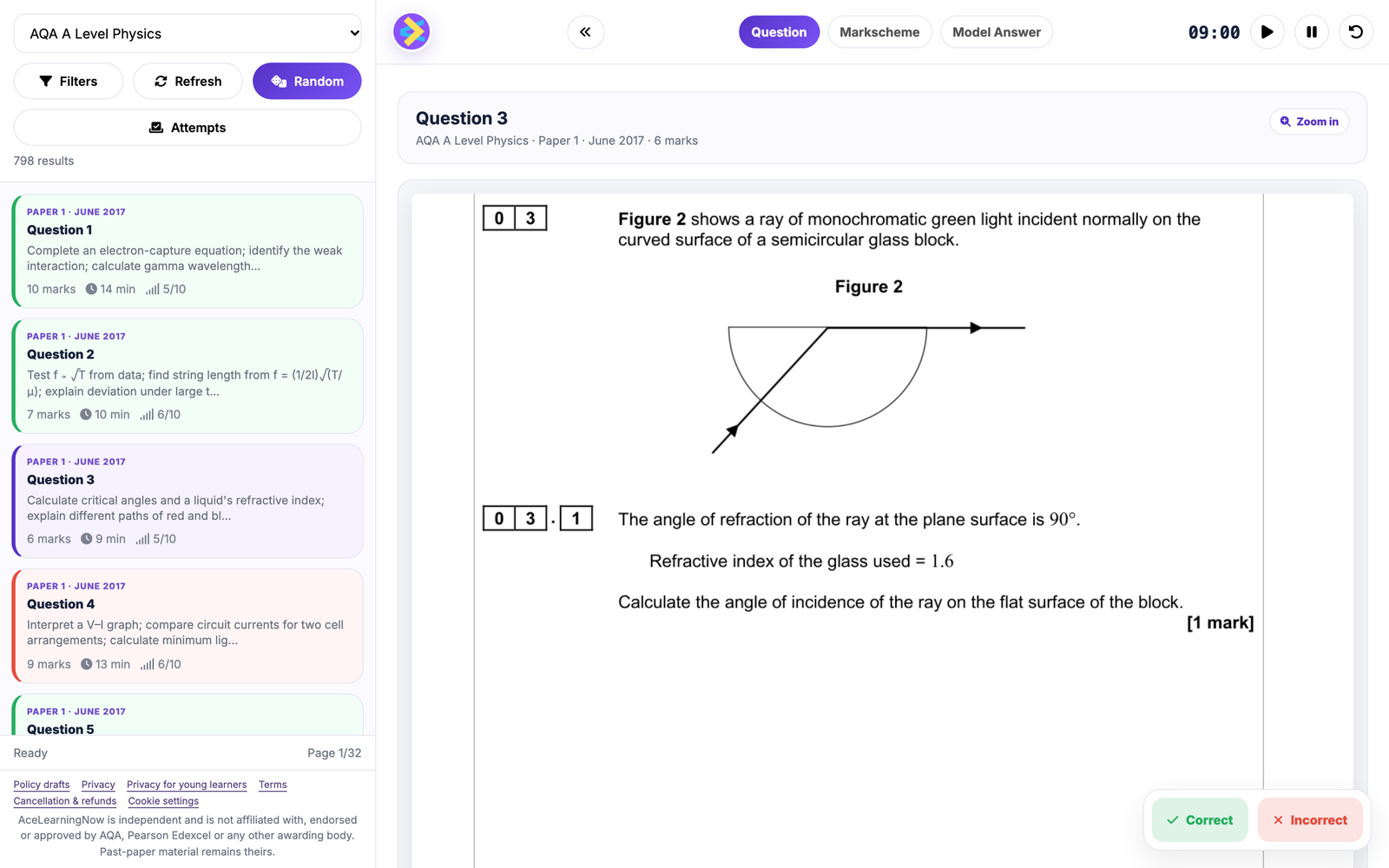 The question workspace for AQA A-level Physics: a list of Paper 1 June 2017 questions with marked attempts, beside Question 3 open on the Question tab.